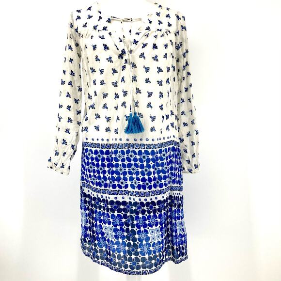 Boden: long sleeve blue white batik tunic dress (4)
